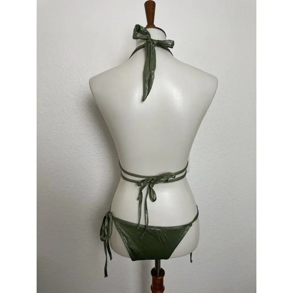 Fashion Nova Swim String Bikini Swimsuit Strappy Green Metallic Summer Festival
